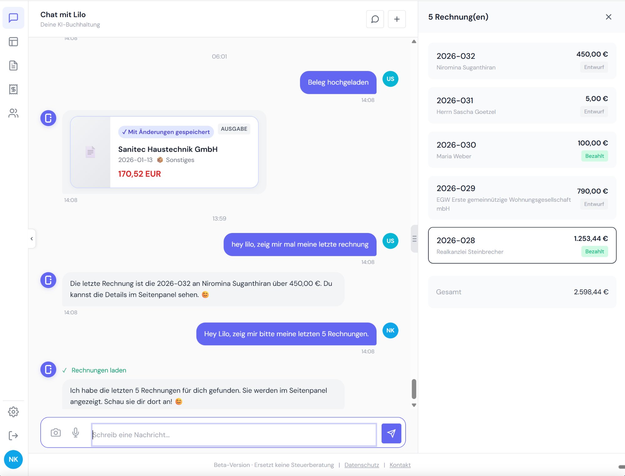Lilo Chat Interface mit Rechnungsübersicht