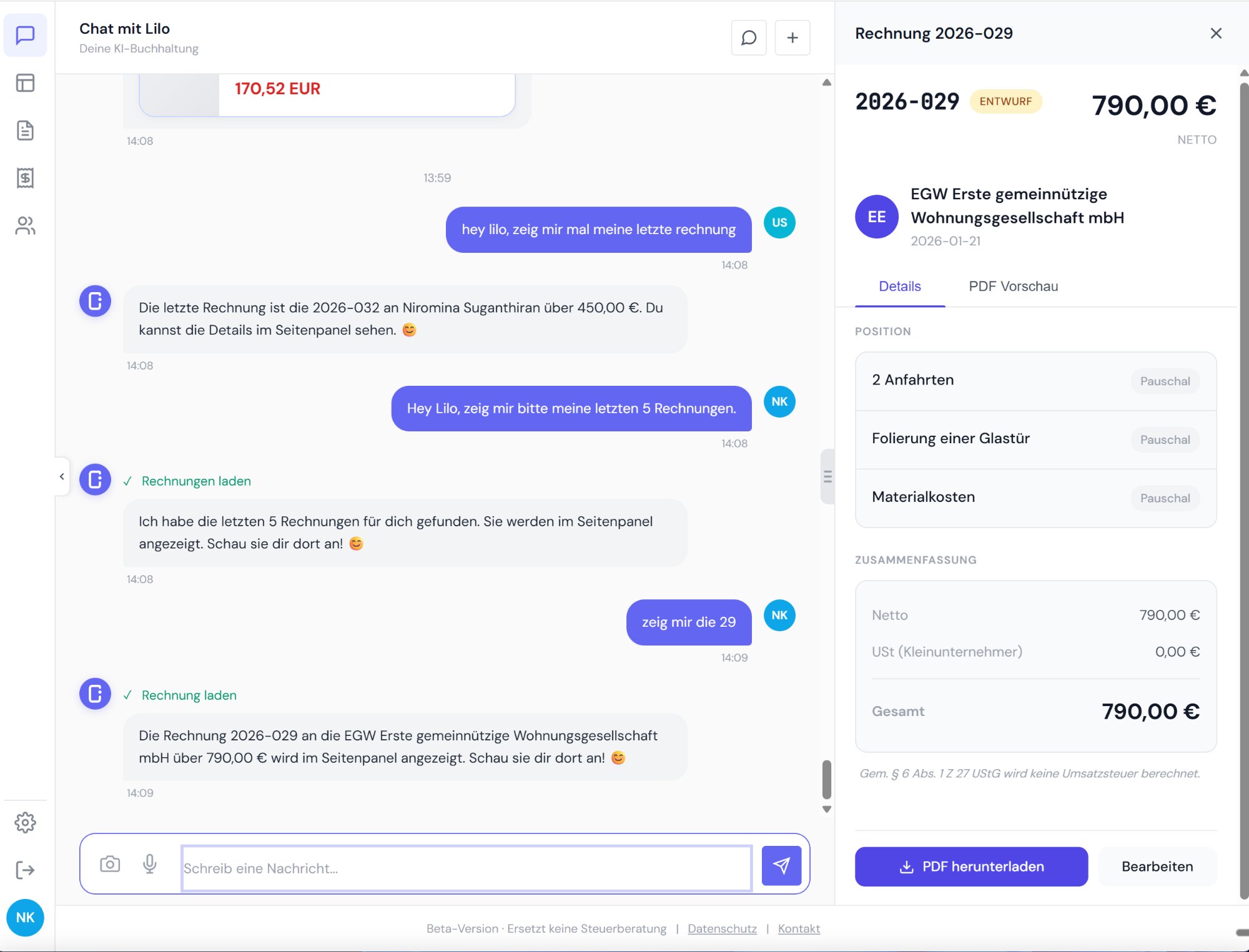 Lilo Rechnungsdetails mit Positionen