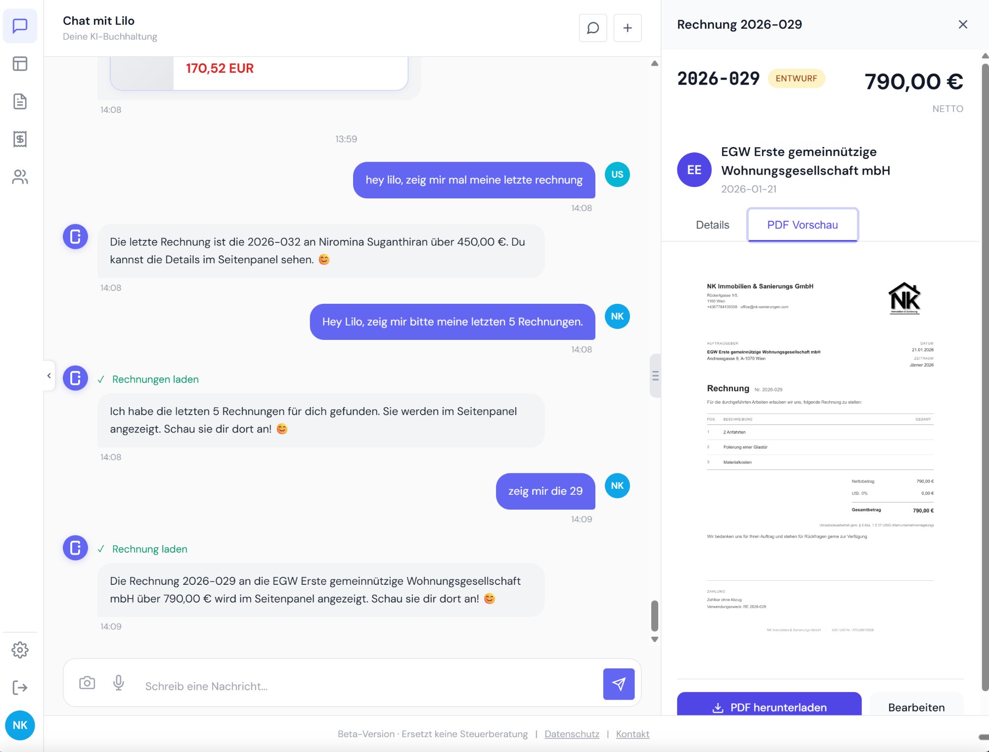 Lilo PDF Vorschau einer Rechnung