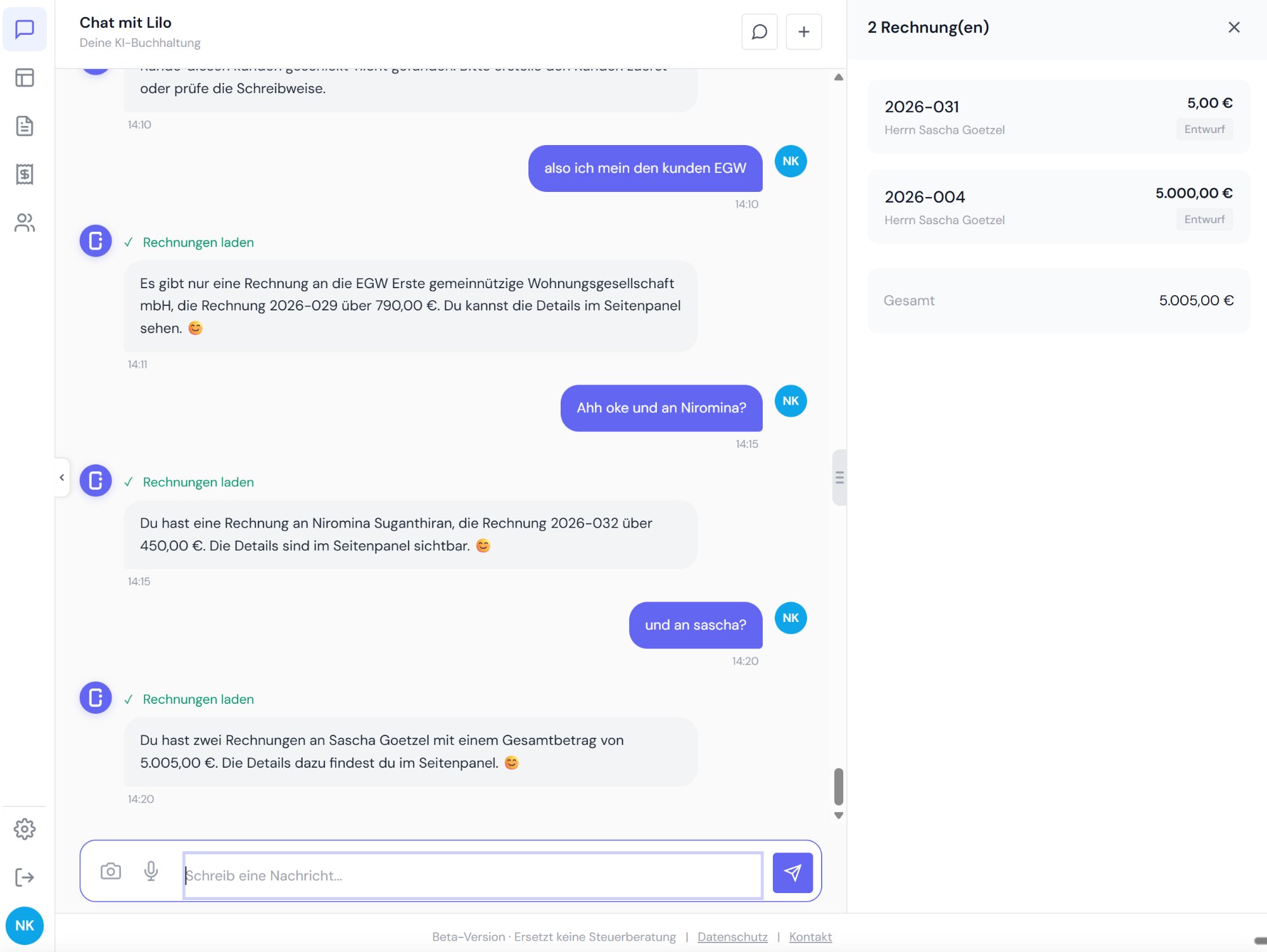 Lilo Kundensuche und Rechnungsübersicht